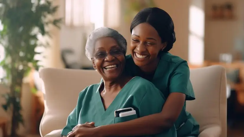 Black nurse hugging a patient- Blessed Health Care